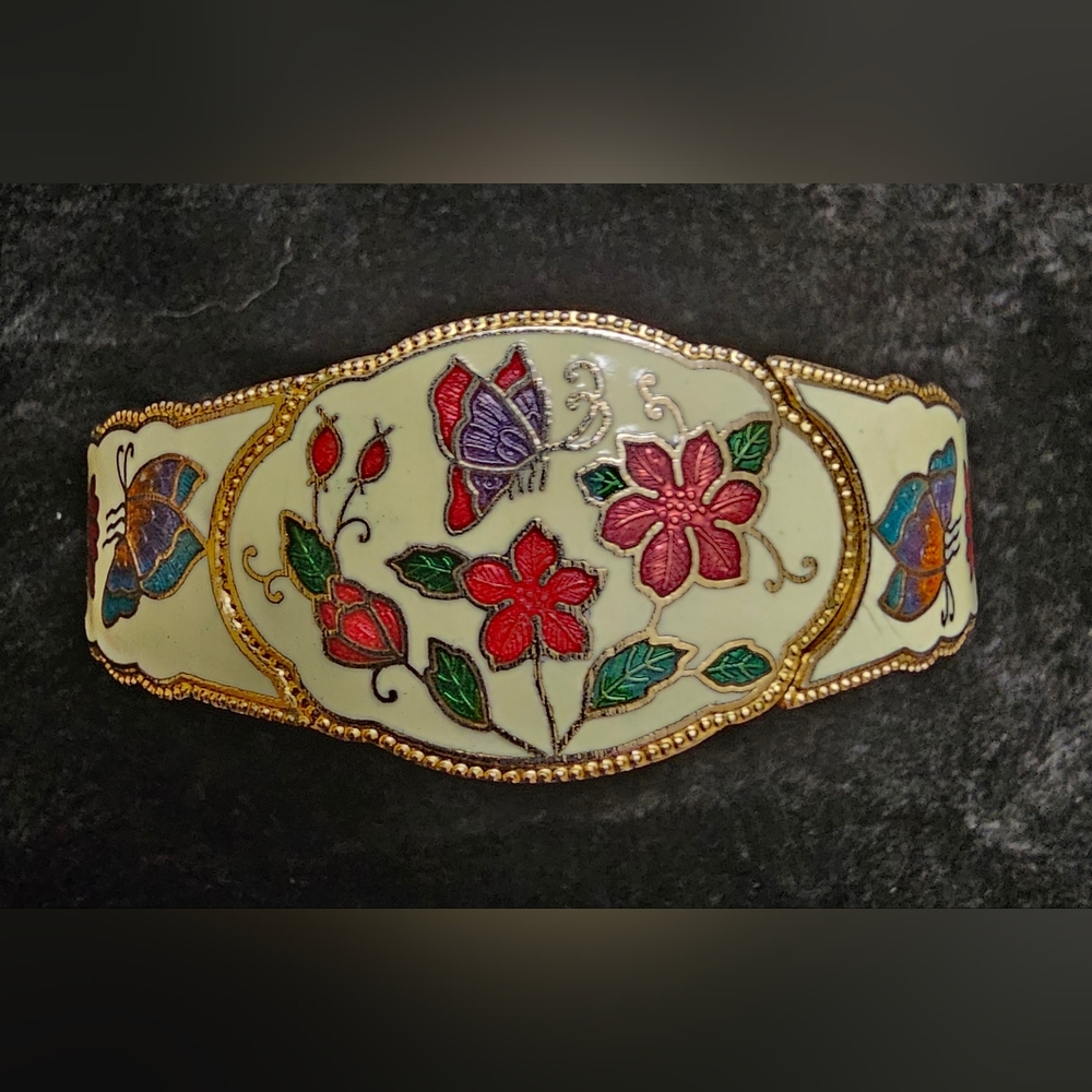 VTG Cloisonné Hinged Bangle Bracelet Ivory Gold Red Green Pink Flower Butterfly